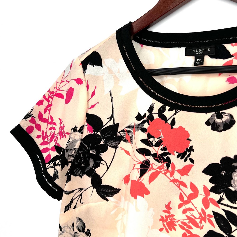 Talbots Petites Sz 10P Black Pink Floral Blouse Shirt Top Short Sleeve Business - Picture 3 of 8